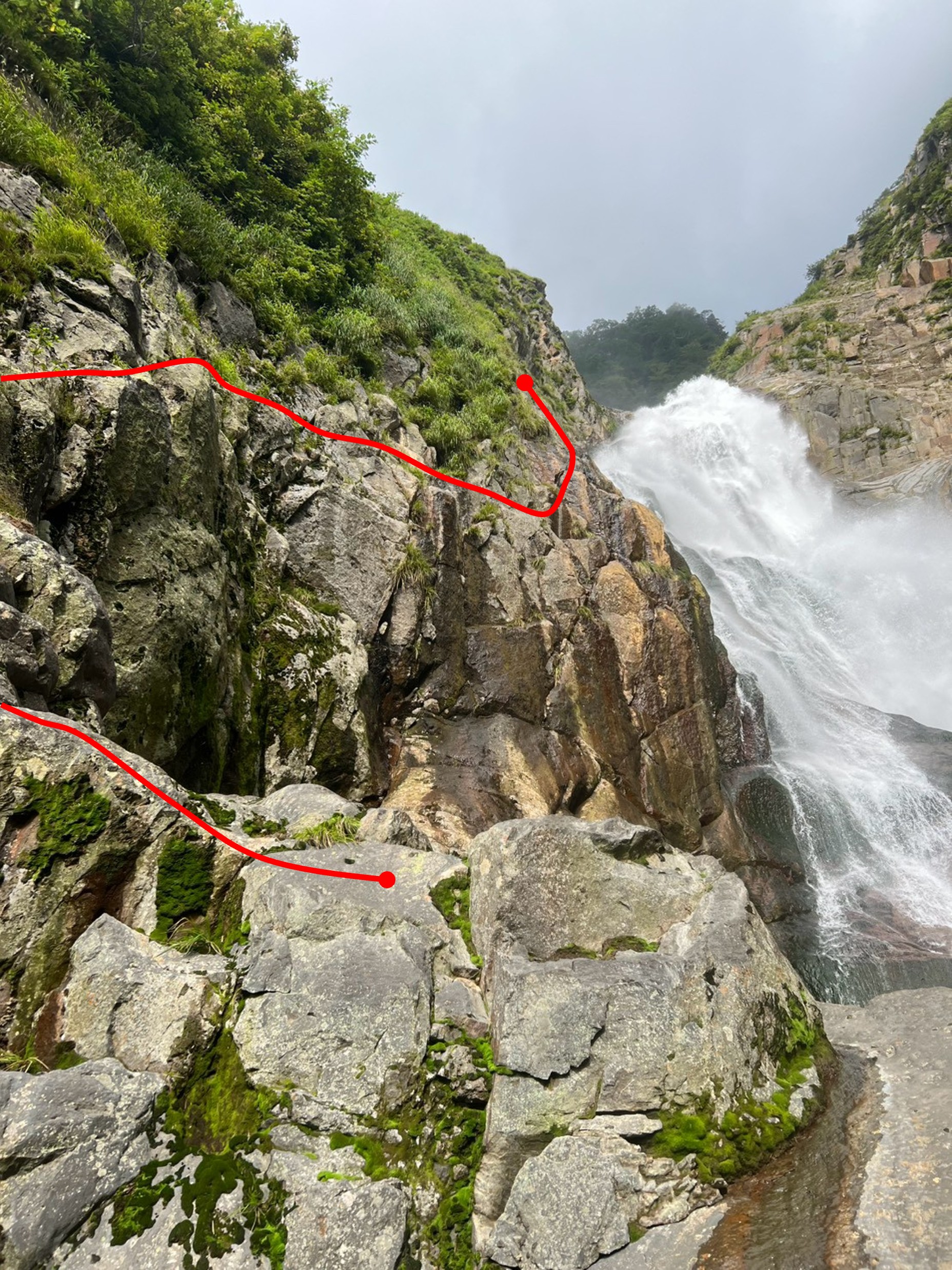 称名滝三段目6p目の登攀ラインの写真
